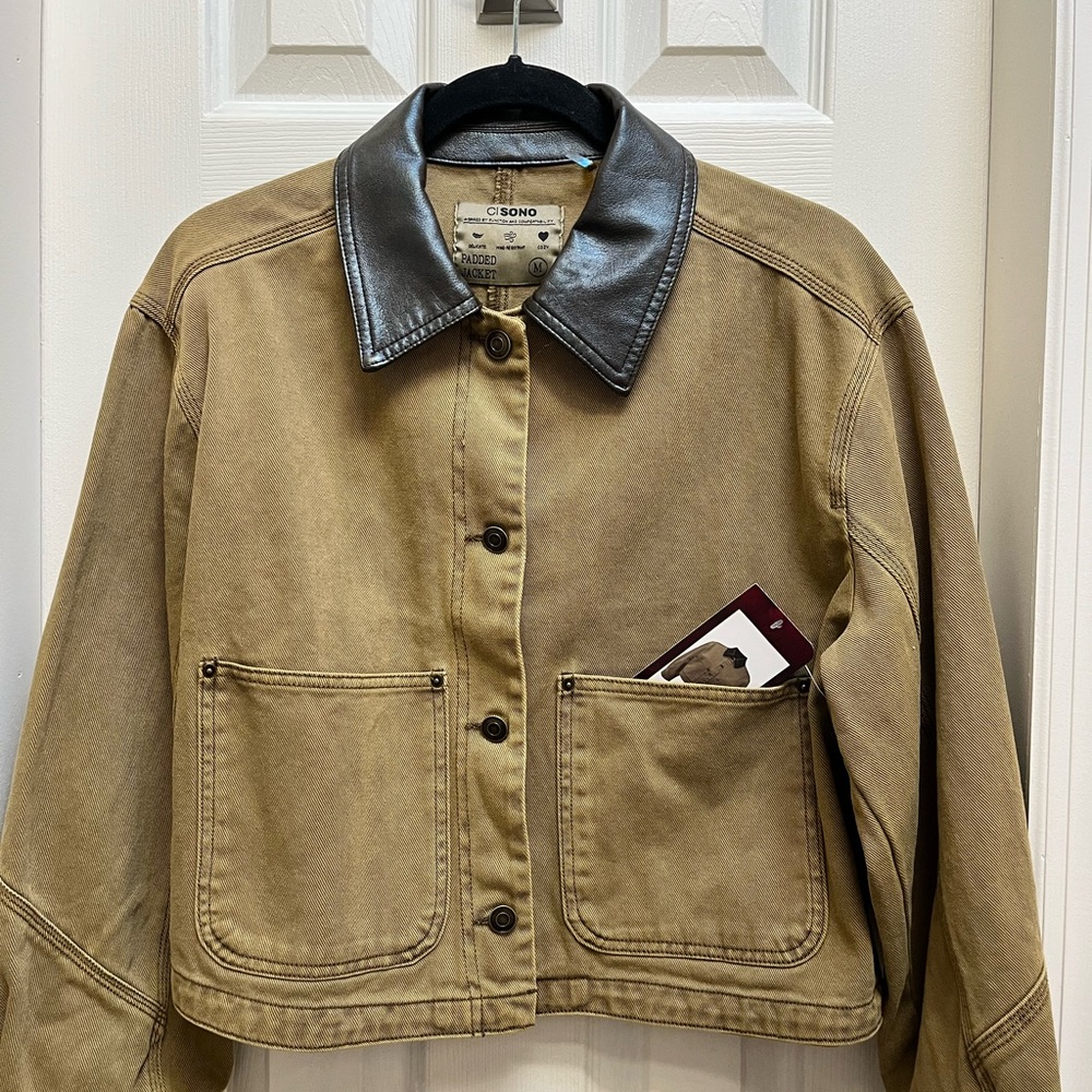 Ci Sono Kaki Denim Jacket With Vegan Leather Collar NWT Size Medium